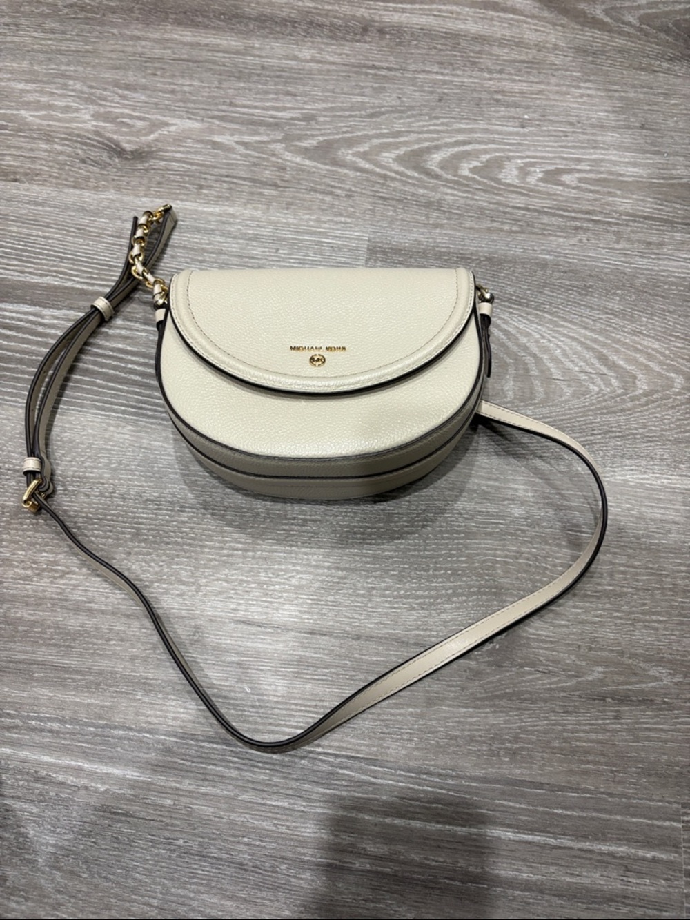 Michael Kors Cream Pebbled Leather Saddle Crossbody with Gold Hardware